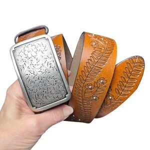 Western Boho Floral Embossed Leather Belt Silver Filigree Buckle Tan 2X